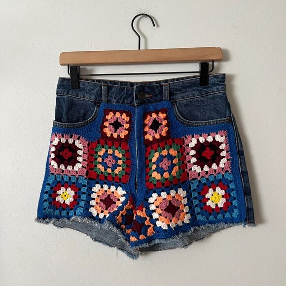 Farm Rio x Anthropologie Colorful Crochet High Rise Denim Shorts Women's Size 27 - Picture 2 of 9